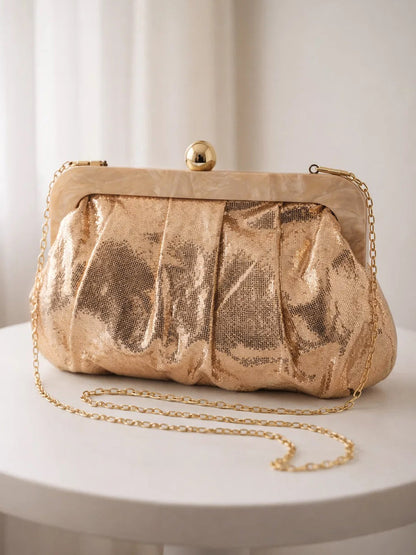Shimmer Gold Sequin Draped Frame Clutch