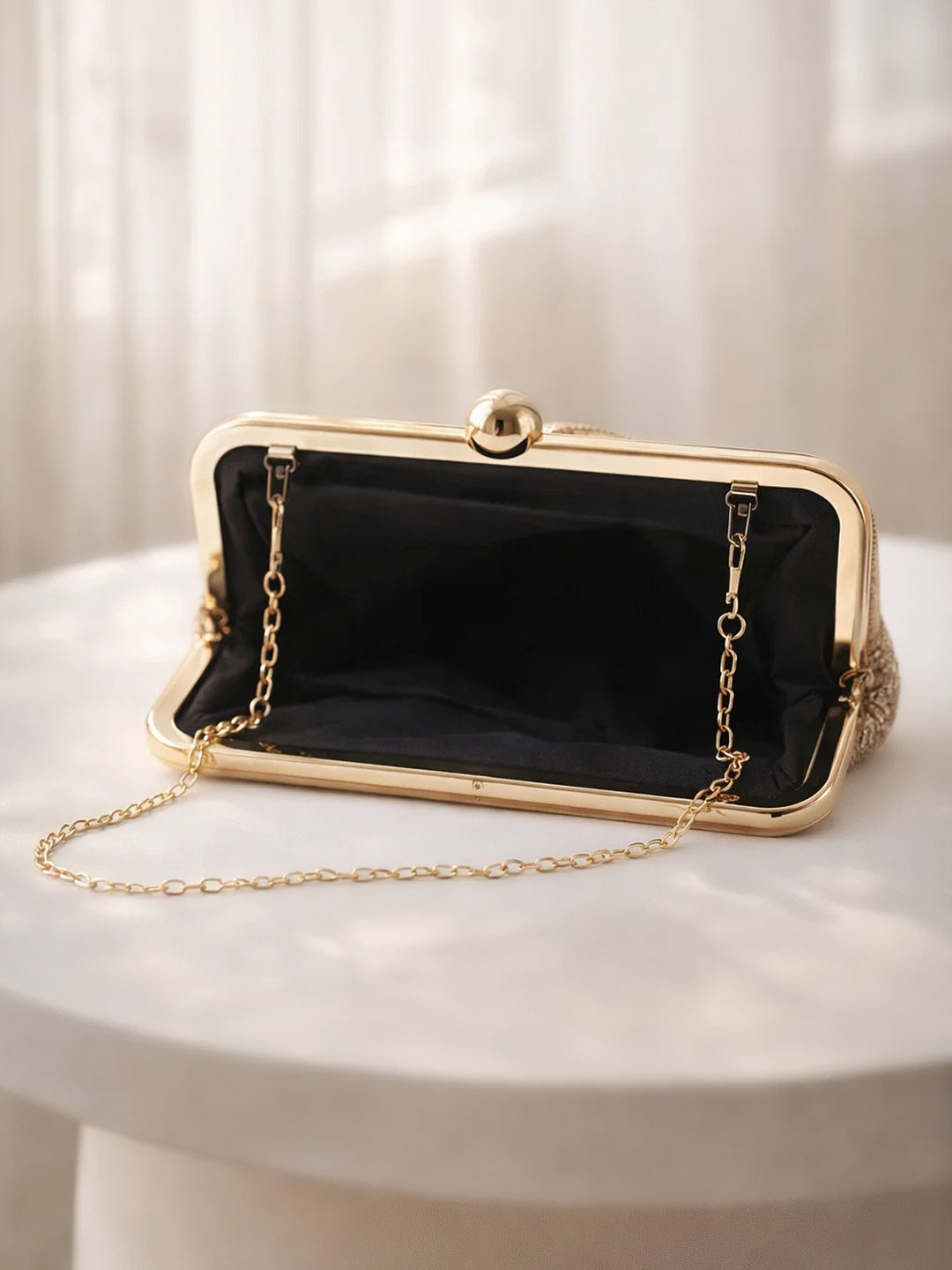 Shimmer Gold Sequin Draped Frame Clutch