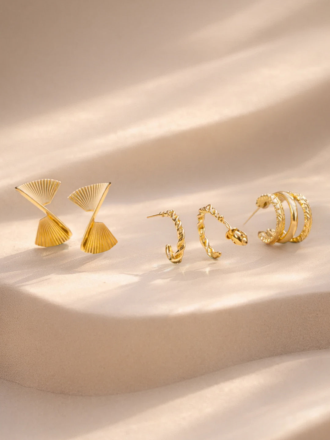 Gold Plated Twisted Sculpted Hoop Earrings Set