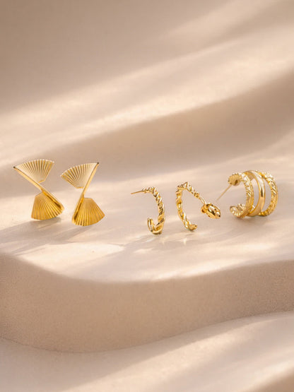 Gold Plated Twisted Sculpted Hoop Earrings Set