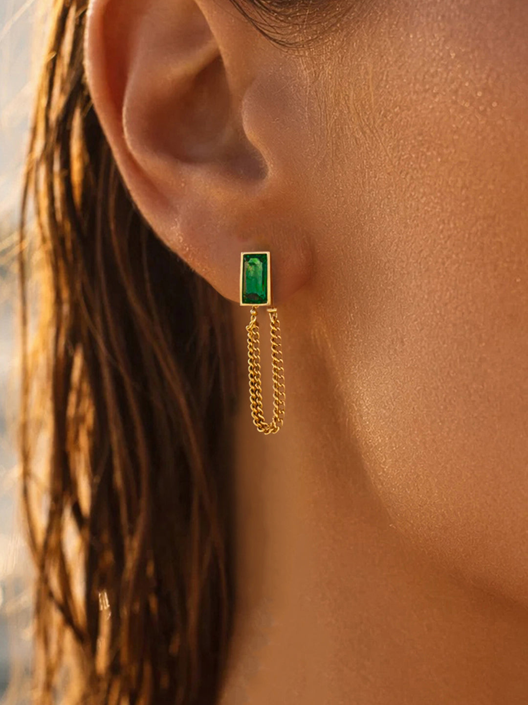 Demi Fine 18K Gold Plated Stainless steel Emerald Chain Loop Dangler Earrings