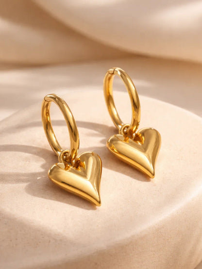 Demi Fine 18K Gold Plated Stainless steel Puffy Heart Charm Hoop Drop Earrings