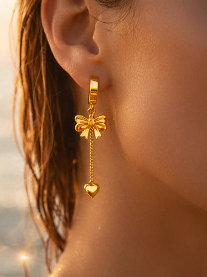 Demi Fine 18K Gold Plated Stainless steel Bow Chain Heart Drop Dangler Earrings