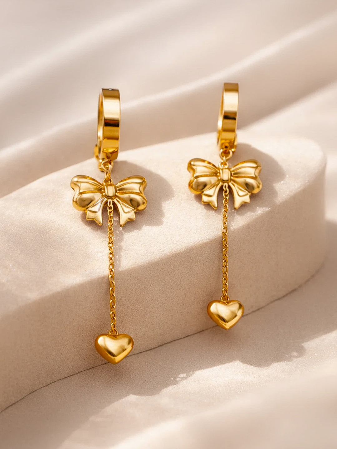 Demi Fine 18K Gold Plated Stainless steel Bow Chain Heart Drop Dangler Earrings