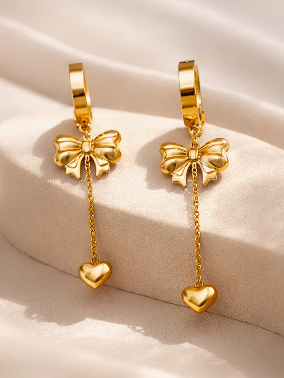 Demi Fine 18K Gold Plated Stainless steel Bow Chain Heart Drop Dangler Earrings