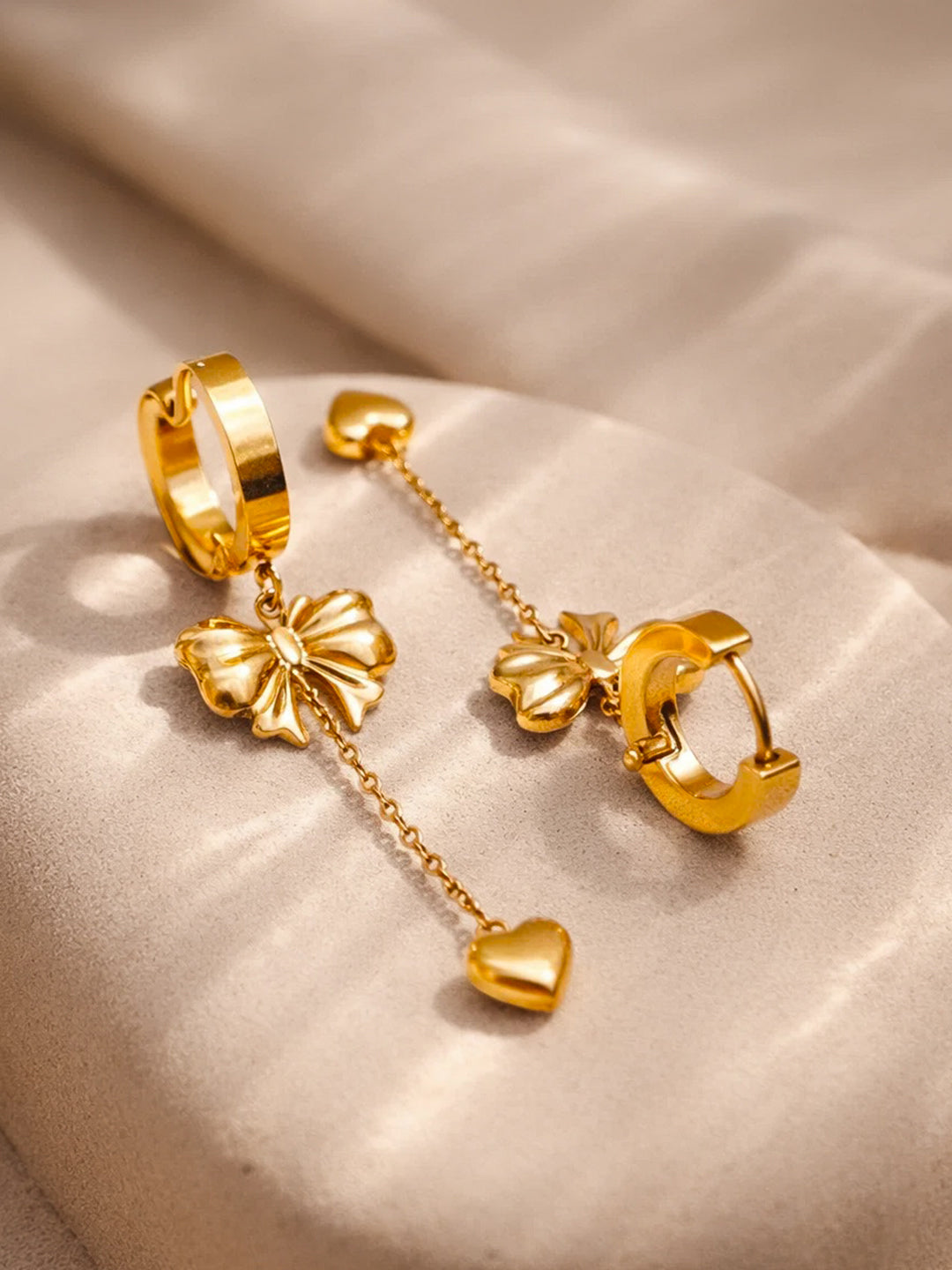 Demi Fine 18K Gold Plated Stainless steel Bow Chain Heart Drop Dangler Earrings