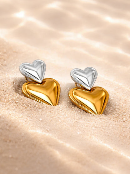 Demi Fine Dual Tone Stainless steel Double Heart Design Drop Earrings