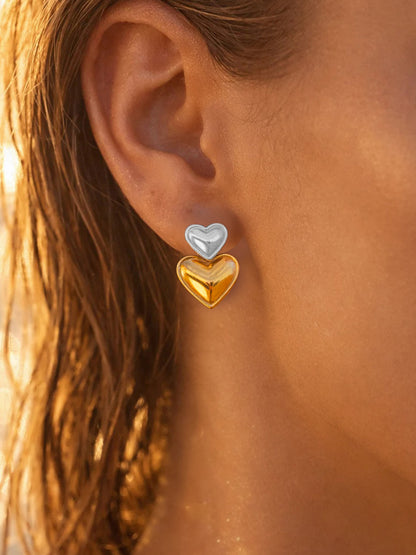 Demi Fine Dual Tone Stainless steel Double Heart Design Drop Earrings