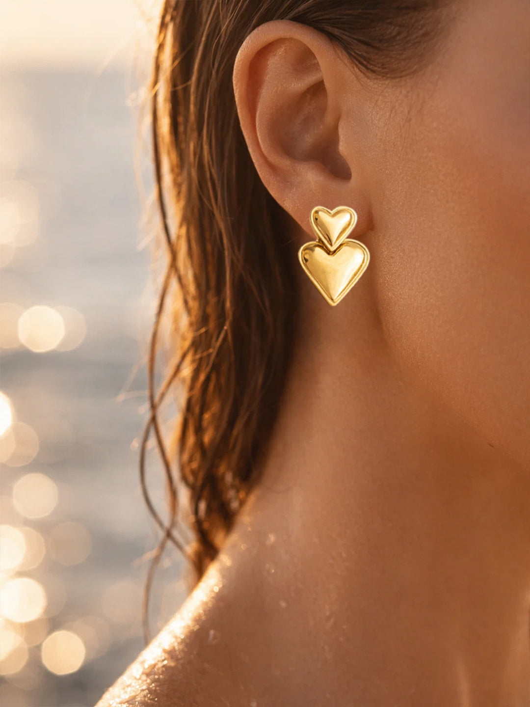 Demi Fine 18K Gold Plated Stainless steel Double Heart Oversized Drop Earrings