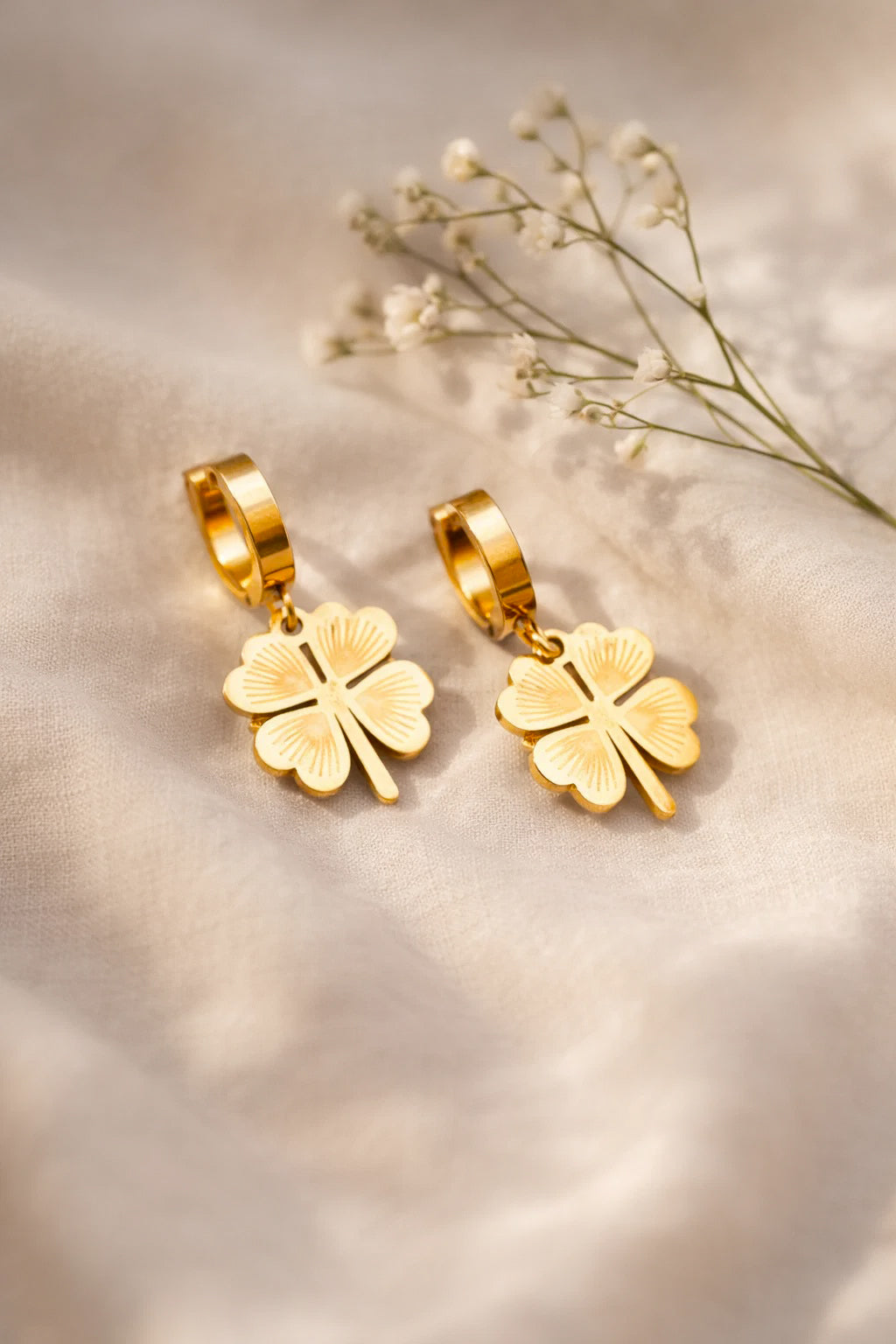 Demi Fine 18K Gold Plated Stainless steel Clover Flora Charm Hoop Drop Earrings