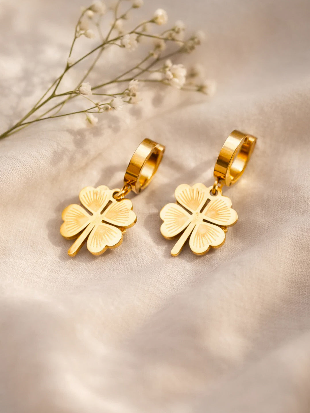 Demi Fine 18K Gold Plated Stainless steel Clover Flora Charm Hoop Drop Earrings