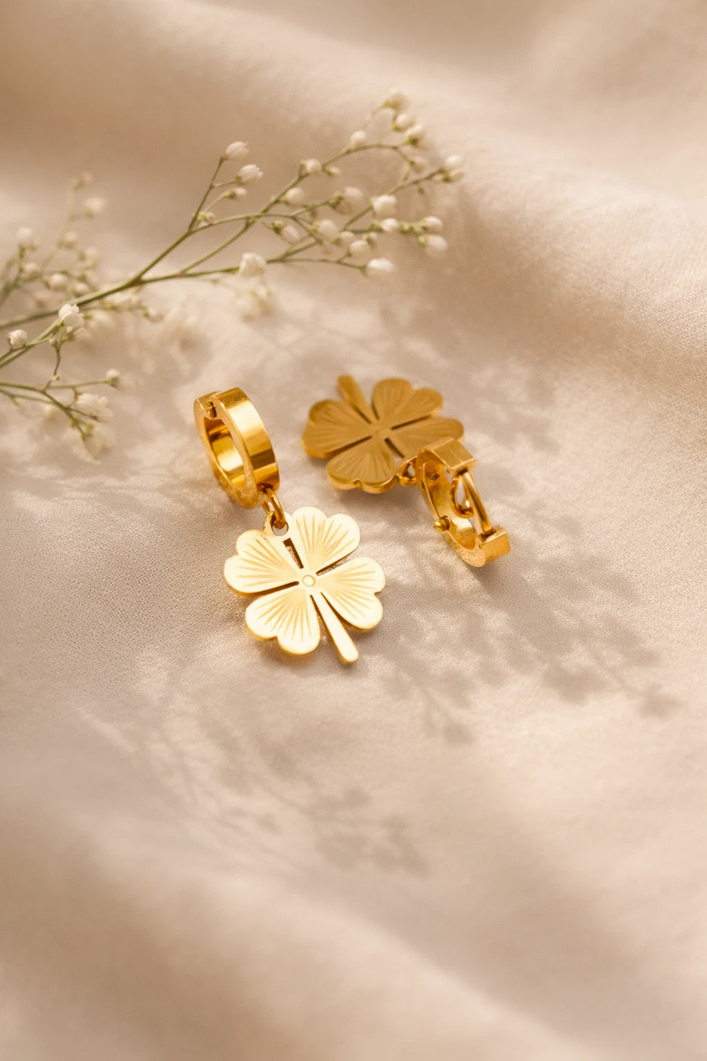 Demi Fine 18K Gold Plated Stainless steel Clover Flora Charm Hoop Drop Earrings