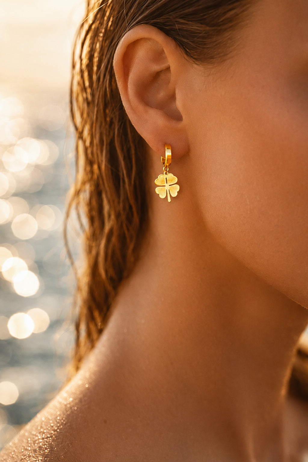 Demi Fine 18K Gold Plated Stainless steel Clover Flora Charm Hoop Drop Earrings