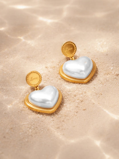 Demi Fine 18K Gold Plated Stainless steel Heart Pearl Inlay Drop Earrings