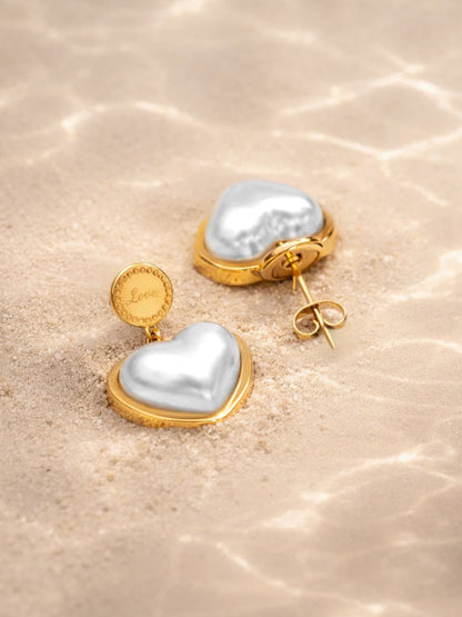 Demi Fine 18K Gold Plated Stainless steel Heart Pearl Inlay Drop Earrings