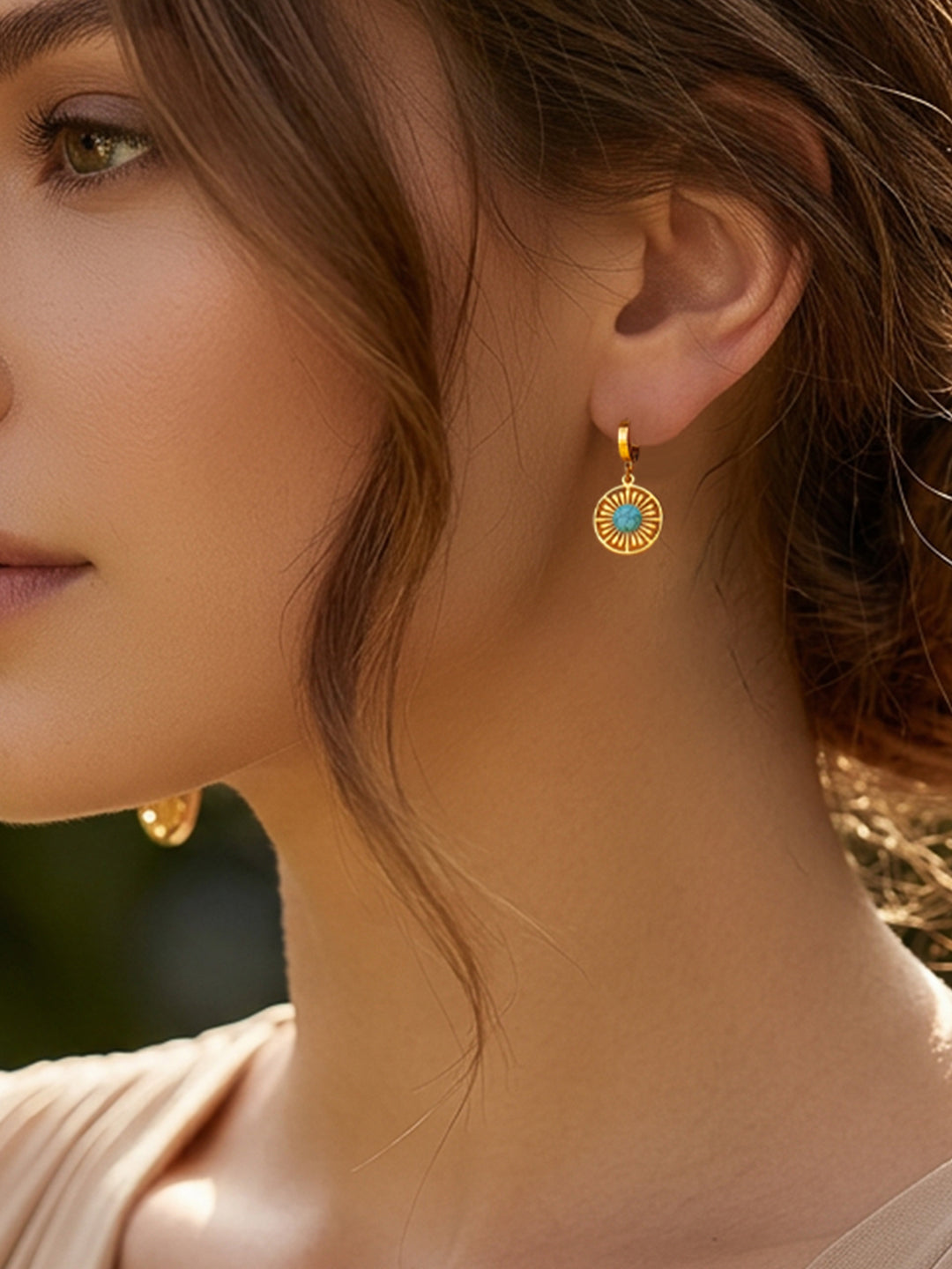 Demi Fine 18K Gold Plated Stainless steel Turquoise Charm Hoop Drop Earrings