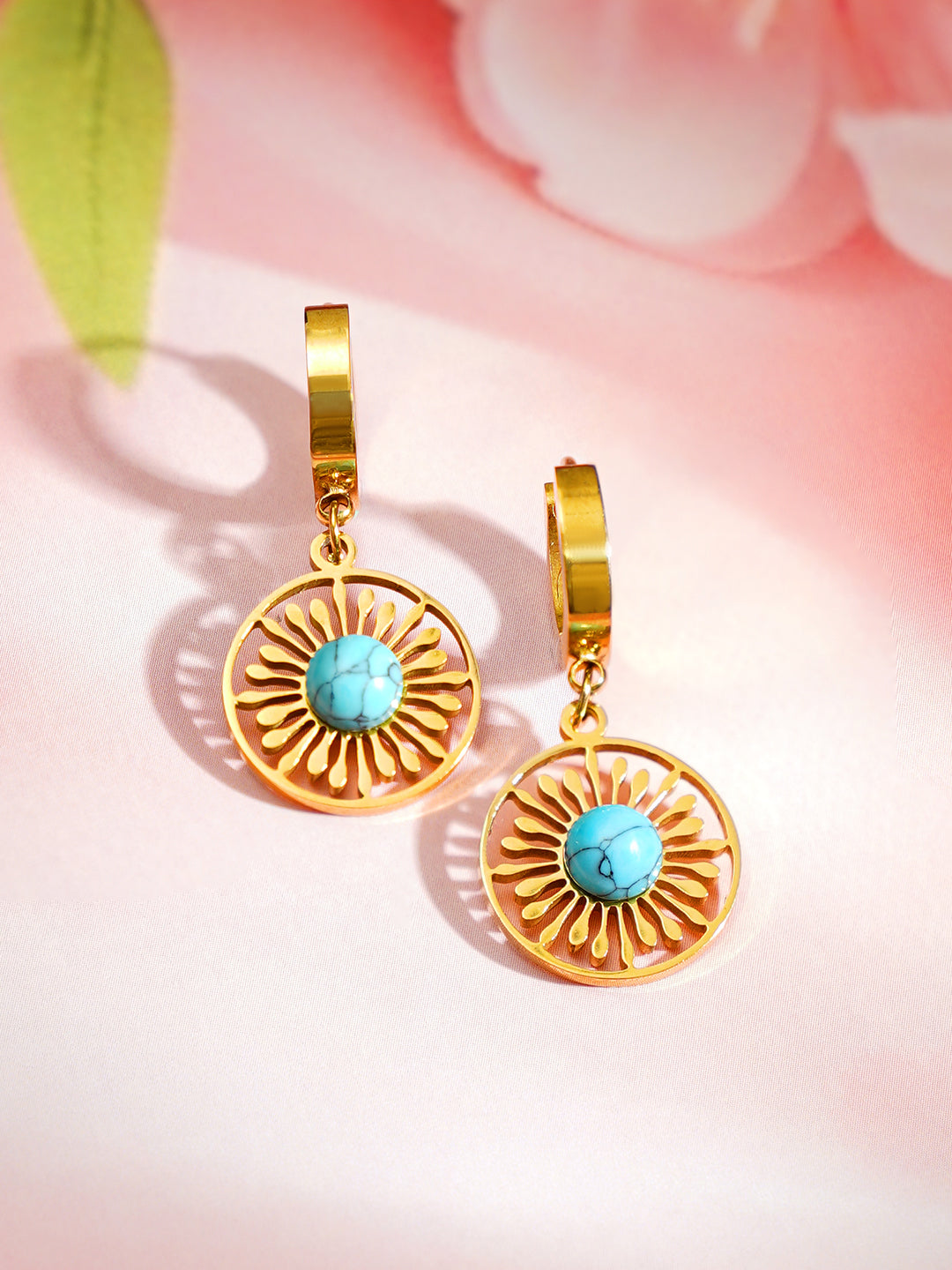 Demi Fine 18K Gold Plated Stainless steel Turquoise Charm Hoop Drop Earrings
