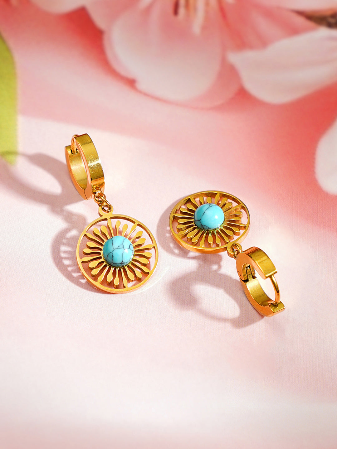 Demi Fine 18K Gold Plated Stainless steel Turquoise Charm Hoop Drop Earrings