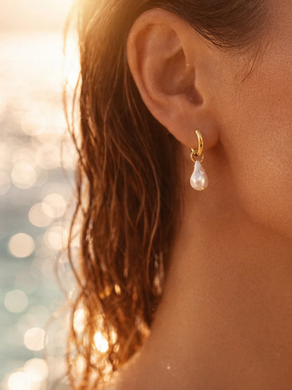 Demi Fine 18K Gold Plated Stainless steel Baroque Pearl Drop Hoop Earrings