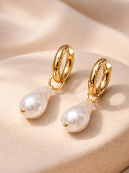 Demi Fine 18K Gold Plated Stainless steel Baroque Pearl Drop Hoop Earrings