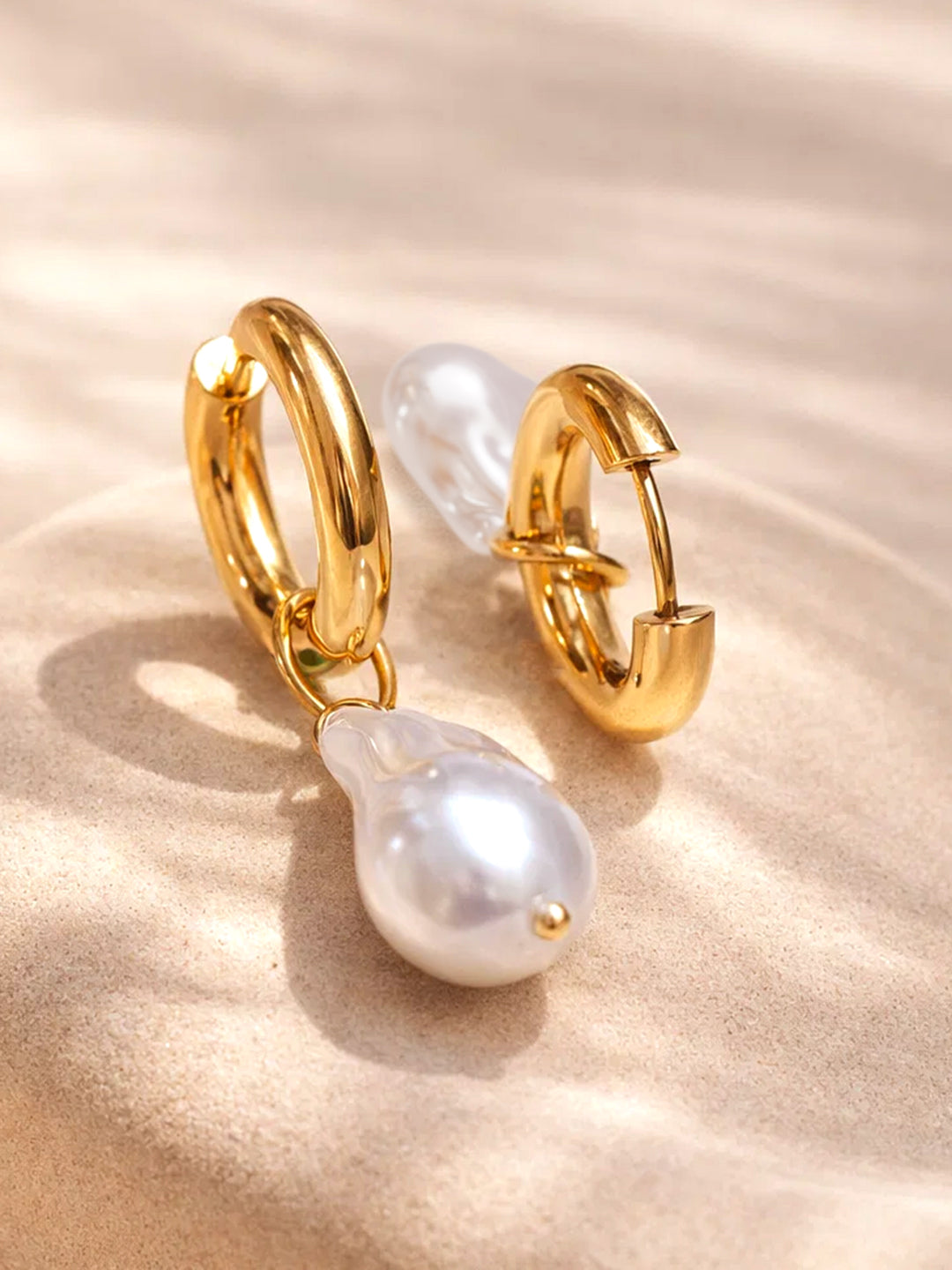 Demi Fine 18K Gold Plated Stainless steel Baroque Pearl Drop Hoop Earrings