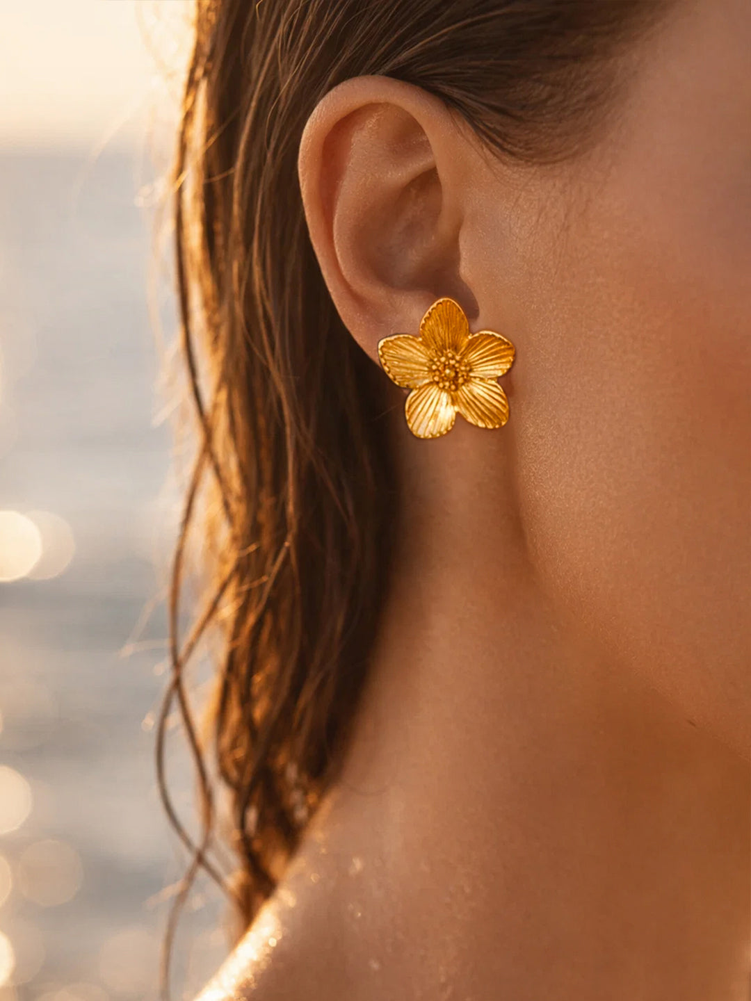 Demi Fine 18K Gold Plated Stainless steel Floral Textured Stud Earrings