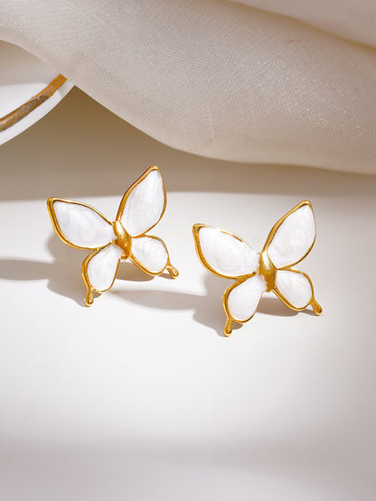 Demi Fine 18K Gold Plated Stainless steel White Butterfly Charm Studs Earrings