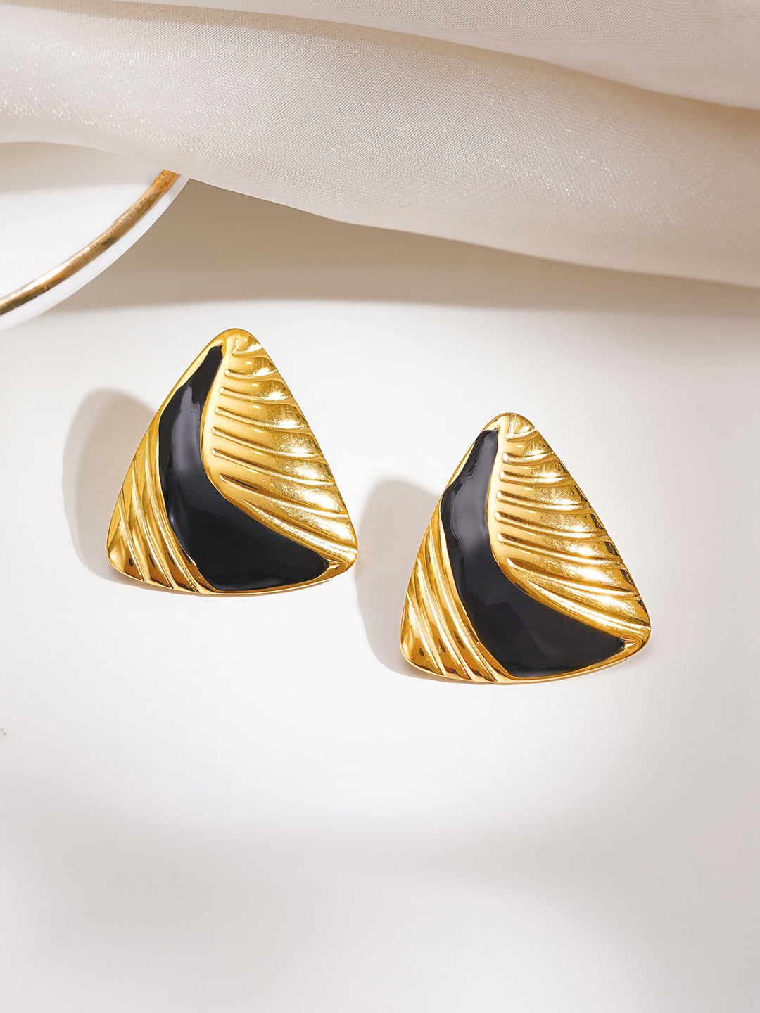 Demi Fine 18K Gold Plated Stainless steel Black &amp; Gold Sculpted Studs Earrings
