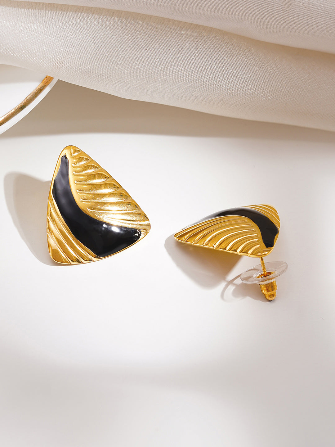 Demi Fine 18K Gold Plated Stainless steel Black &amp; Gold Sculpted Studs Earrings