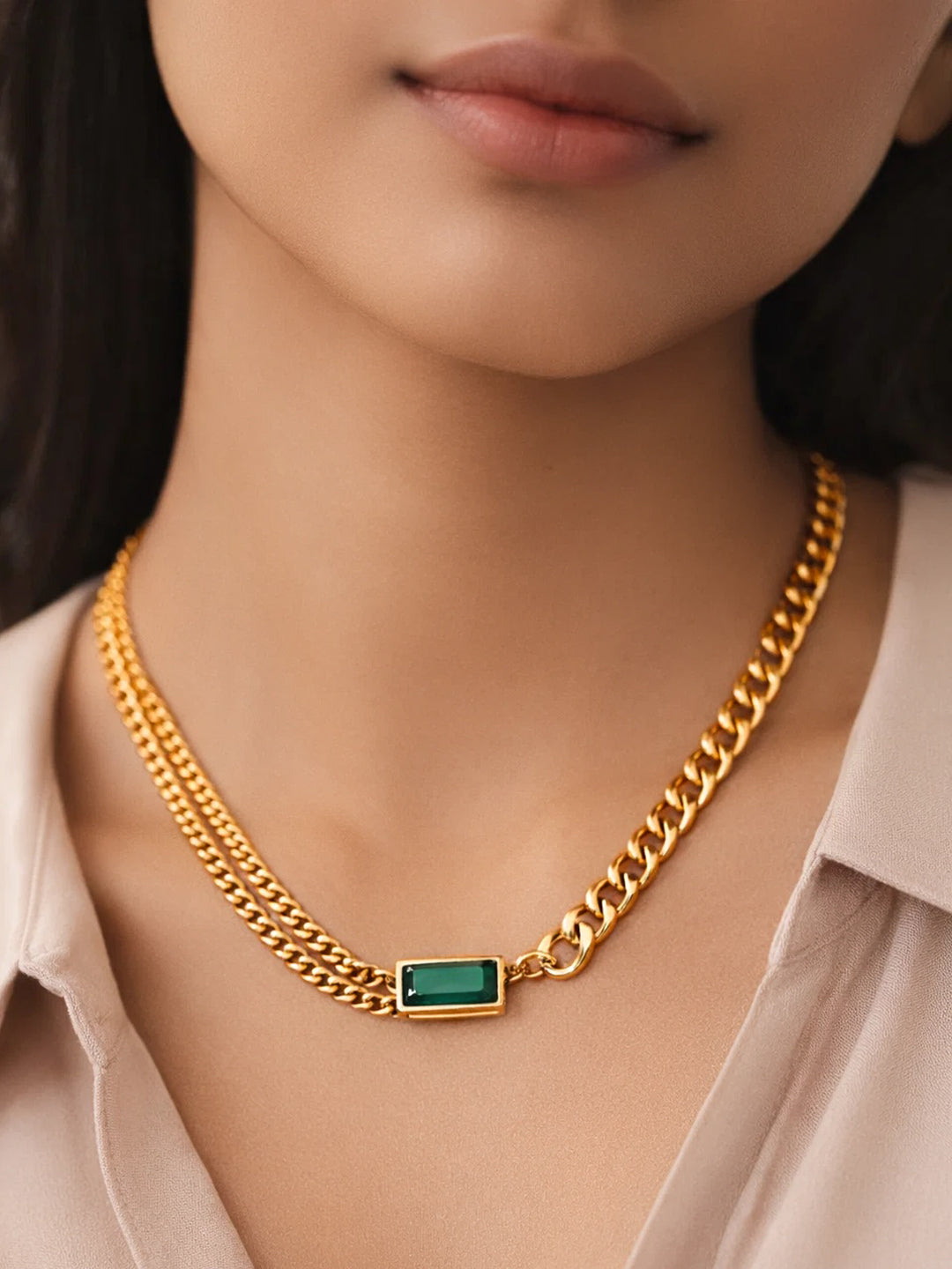 Demi Fine 18K Gold Plated Stainless steel Chunky Curb Chain Emerald Necklace