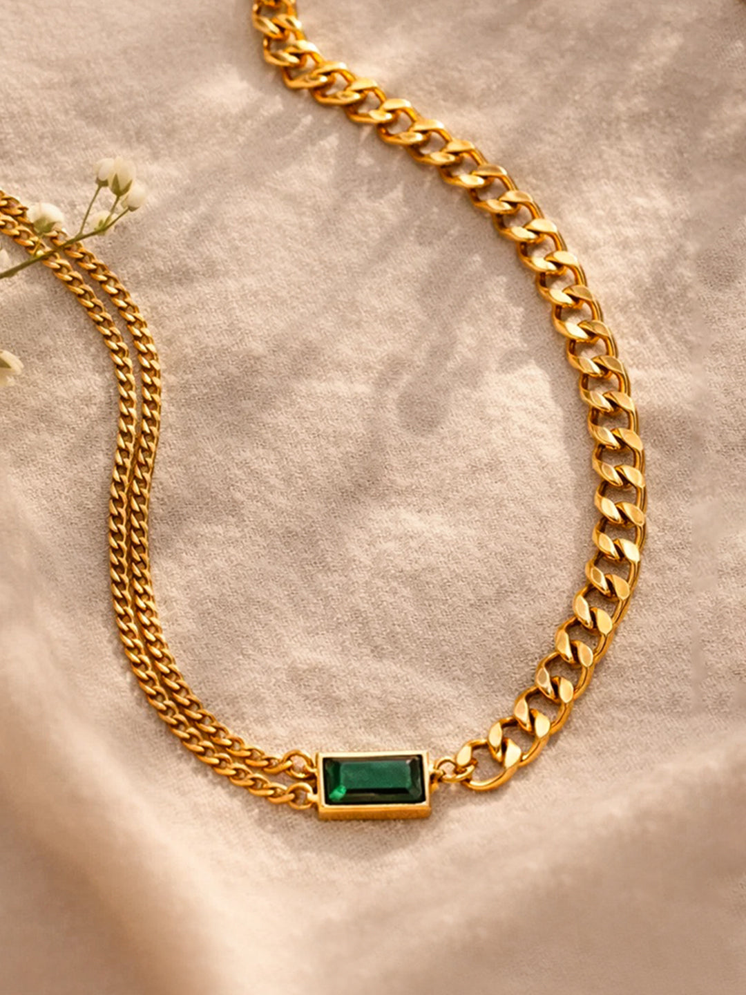 Demi Fine 18K Gold Plated Stainless steel Chunky Curb Chain Emerald Necklace