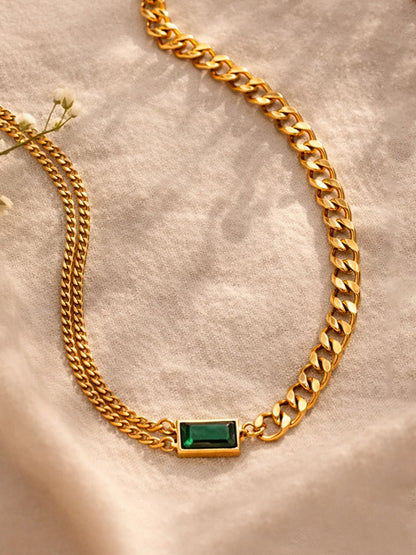 Demi Fine 18K Gold Plated Stainless steel Chunky Curb Chain Emerald Necklace