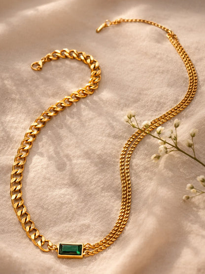 Demi Fine 18K Gold Plated Stainless steel Chunky Curb Chain Emerald Necklace
