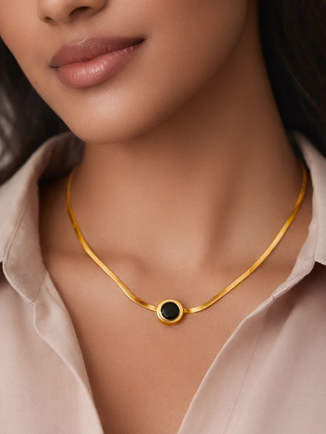 Demi Fine 18K Gold Plated Stainless steel Black Round Pendant Chain Necklace