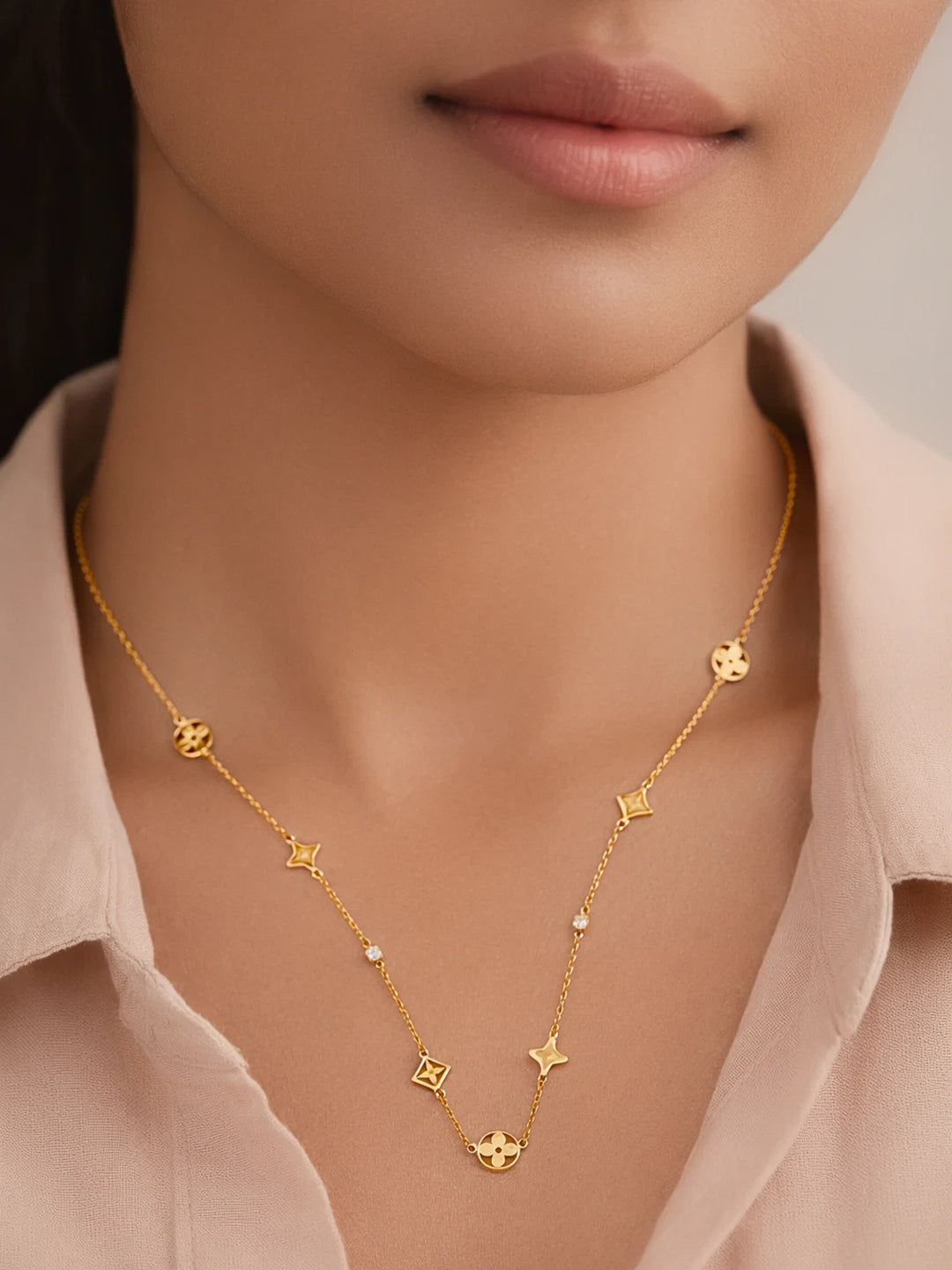 Demi Fine 18K Gold Plated Stainless steel Mini Multi-Charm Chain Necklace