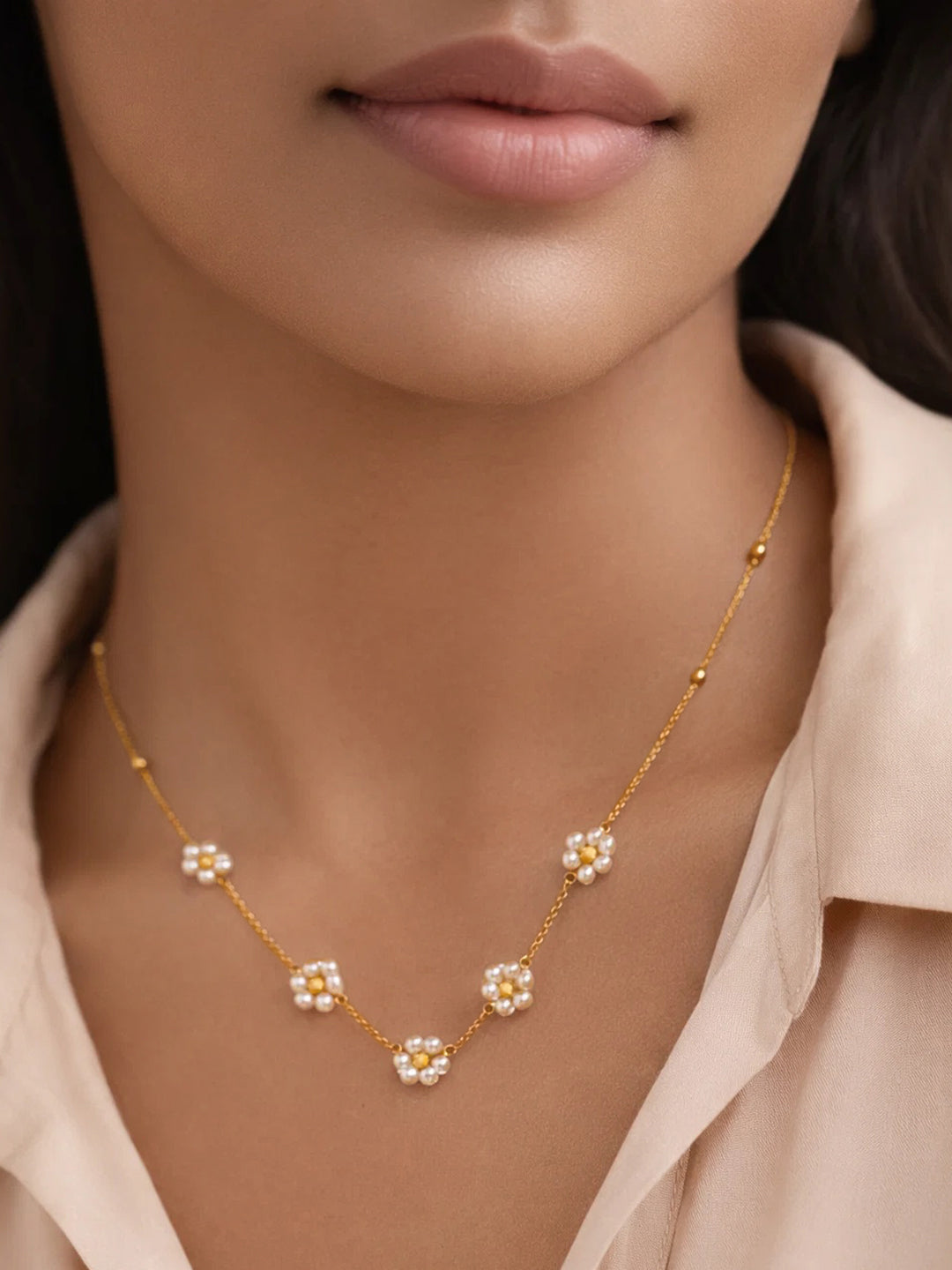 Demi Fine 18K Gold Plated Stainless steel Mini Pearl Flora Charm Chain Necklace