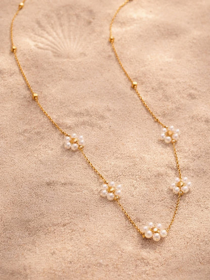 Demi Fine 18K Gold Plated Stainless steel Mini Pearl Flora Charm Chain Necklace