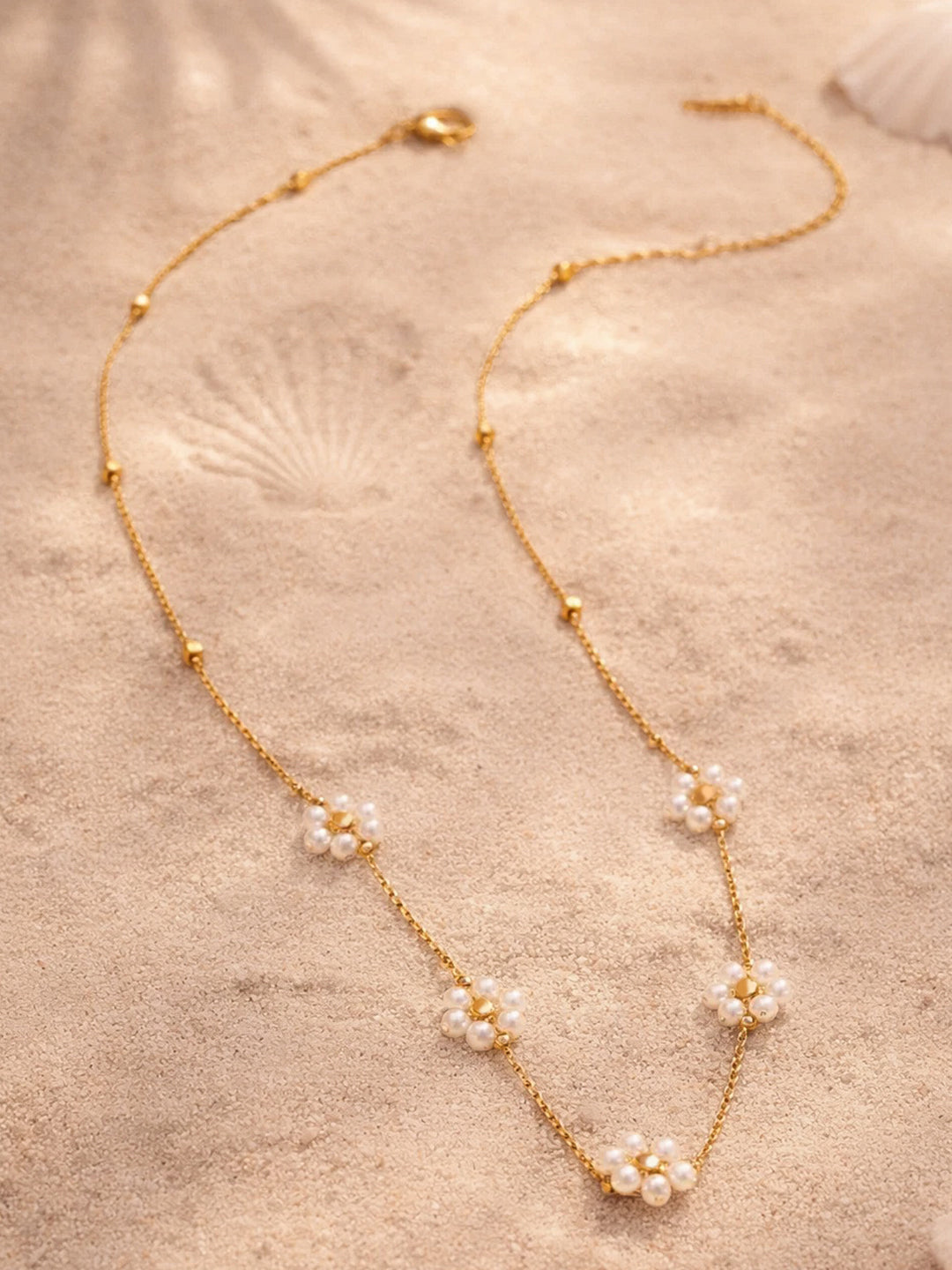 Demi Fine 18K Gold Plated Stainless steel Mini Pearl Flora Charm Chain Necklace