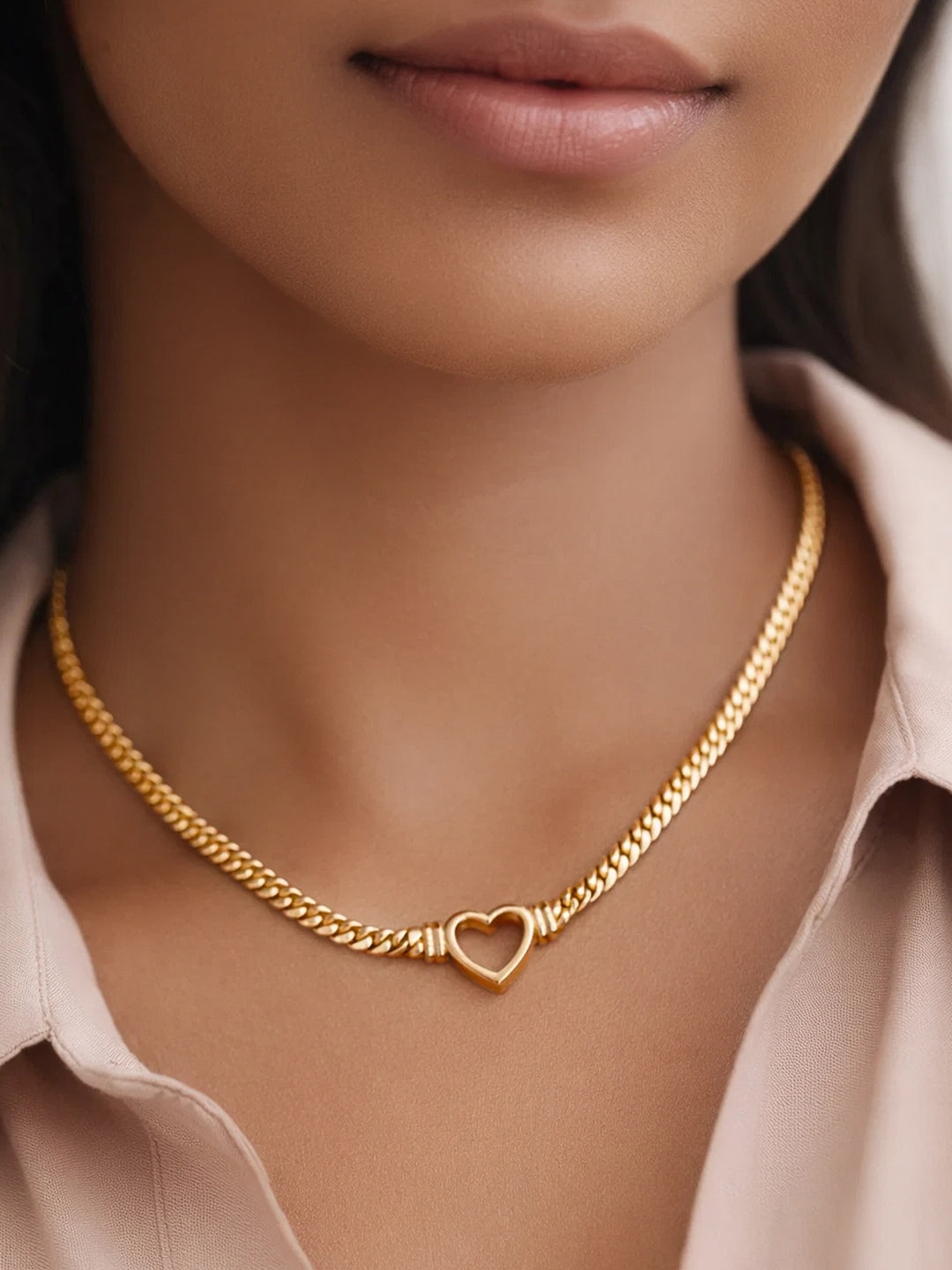 Demi Fine 18K Gold Plated Stainless steel Chunky Curb Chain Open Heart Necklace