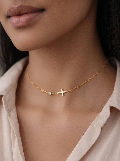 Demi Fine 18K Gold Plated Stainless steel Cross Bar Chain Crystal Necklace