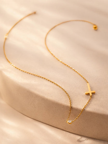Demi Fine 18K Gold Plated Stainless steel Cross Bar Chain Crystal Necklace