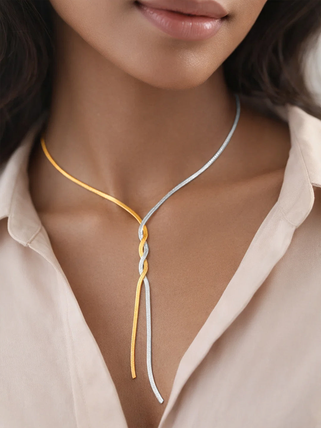Demi Fine Dual Tone Stainless steel Snake Chain Lariat Drop Necklace
