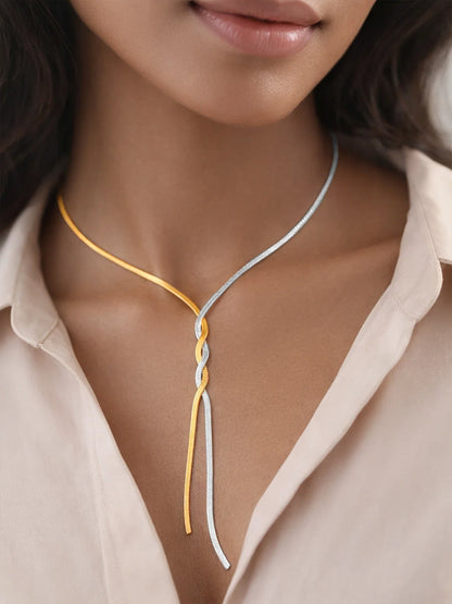Demi Fine Dual Tone Stainless steel Snake Chain Lariat Drop Necklace