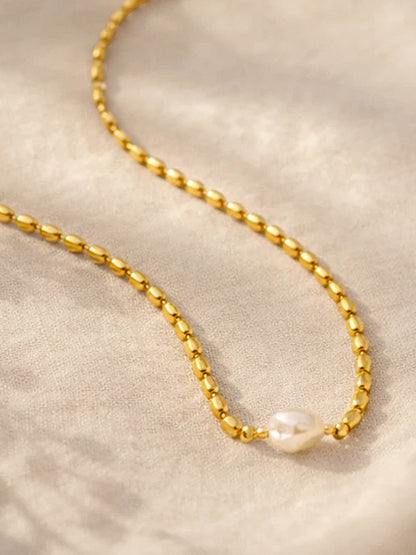 Demi Fine 18K Gold Plated Stainless steel Oval Pearl Chain Necklace