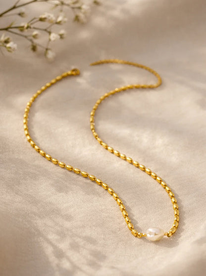 Demi Fine 18K Gold Plated Stainless steel Oval Pearl Chain Necklace