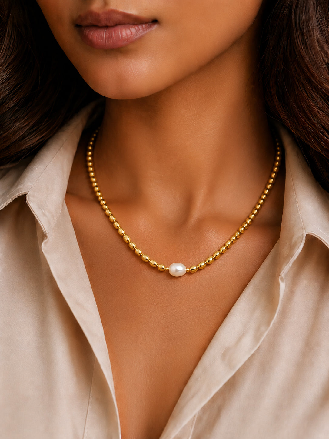 Demi Fine 18K Gold Plated Stainless steel Oval Pearl Chain Necklace