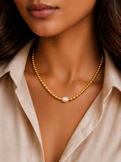 Demi Fine 18K Gold Plated Stainless steel Oval Pearl Chain Necklace