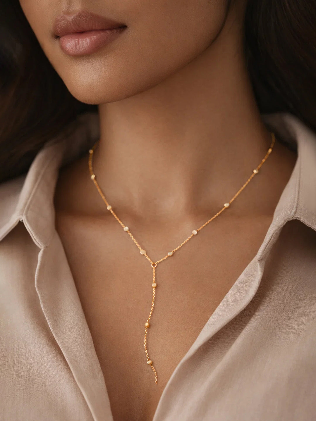 Demi Fine 18K Gold Plated Stainless steel Ball Bead Chain Lariat Drop Necklace