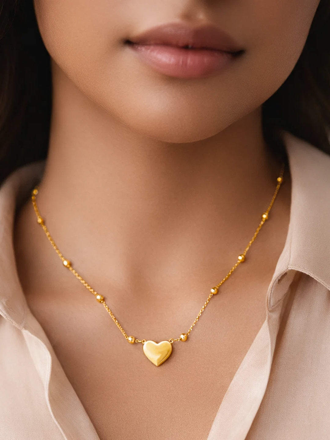 Demi Fine 18K Gold Plated Stainless steel Beaded Chain Heart Pendant Necklace