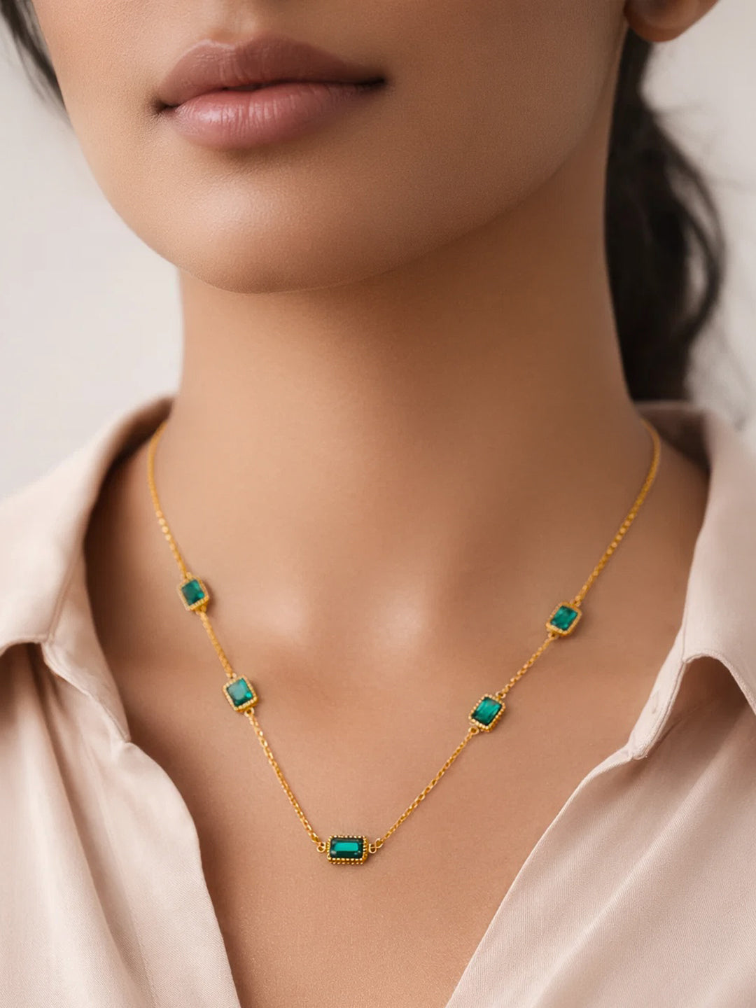 Demi Fine 18K Gold Plated Stainless steel Chain Emerald Green Necklace